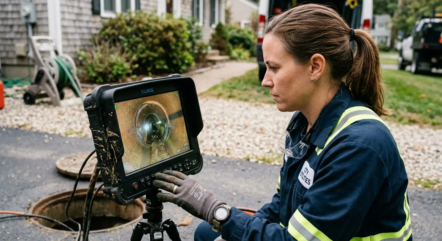 Technician reviewing sewer camera inspection footage in Ohio