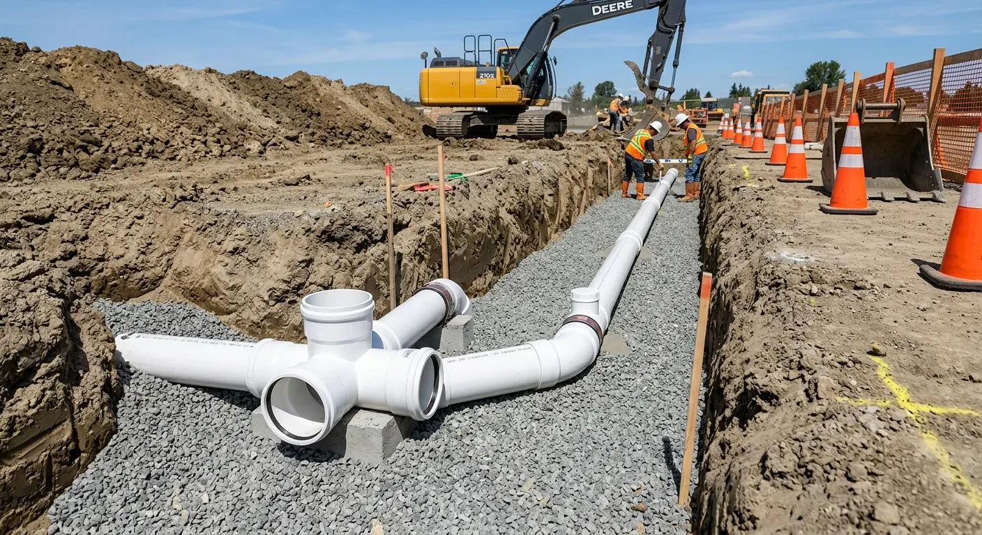 New PVC sewer pipe installation in open trench for Sewer Backup in Ohio