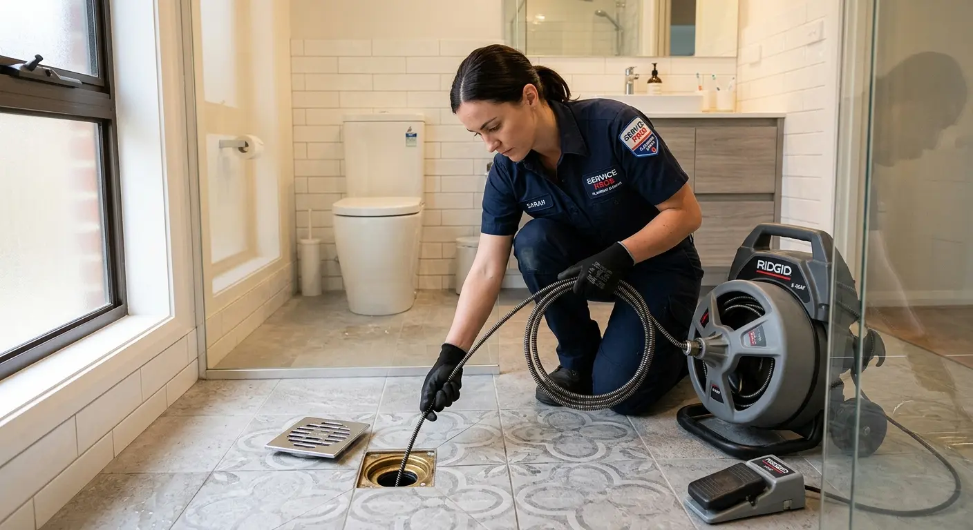 Technician clearing a bathroom floor drain for Drain Cleaning in Ohio